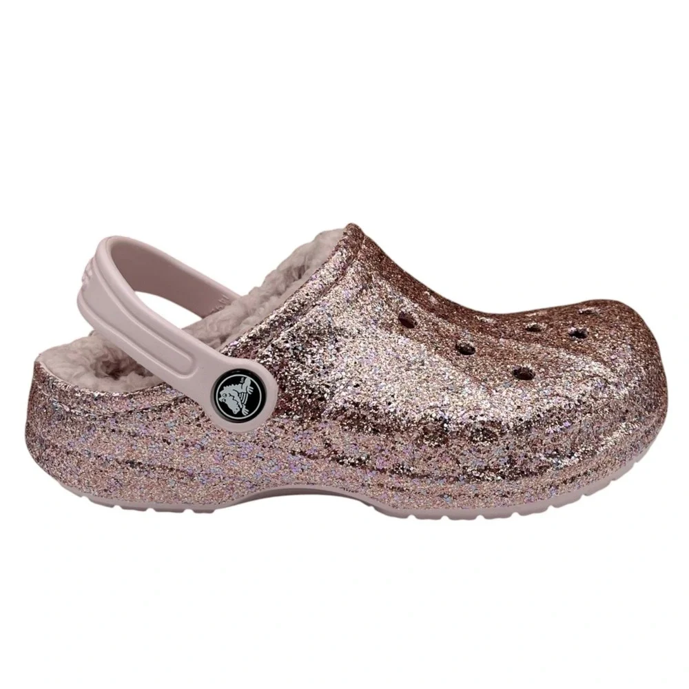 Crocs Big Girls Lined Clogs Size 3 (J3) Barely Pink Glitter  Slip-on Cozy Warm